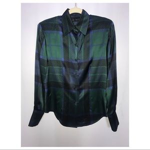 SOLD - 100% Silk Green/Black Plain Button-Down Shirt by Linda Allard Ellen Tracy